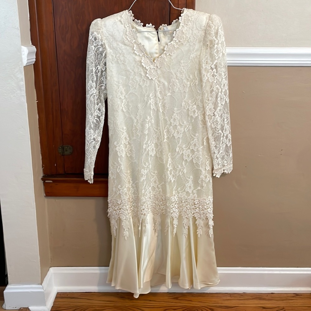 Vintage Denise Fashions Flapper wedding lace formal cream dress 6